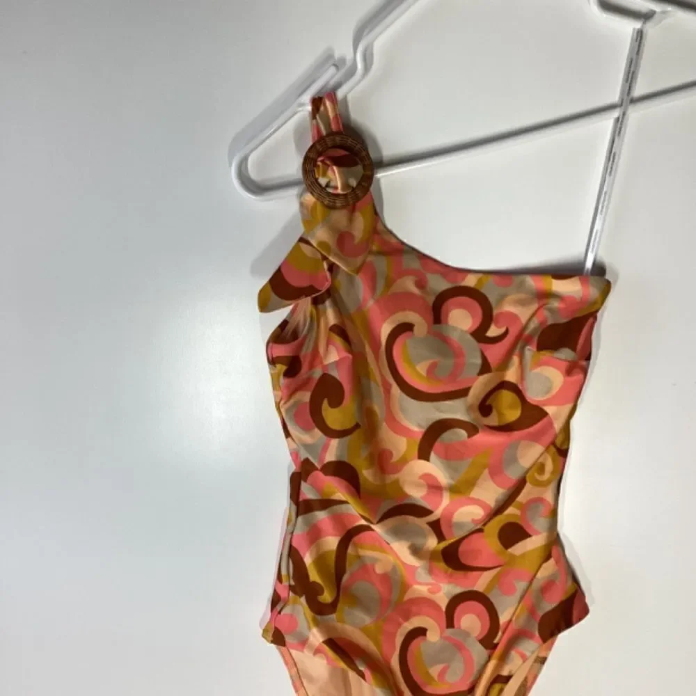 Zimmermann Mae Orange Swirl Print One-Shoulder Buckle Swimsuit NWT Size‎ 4